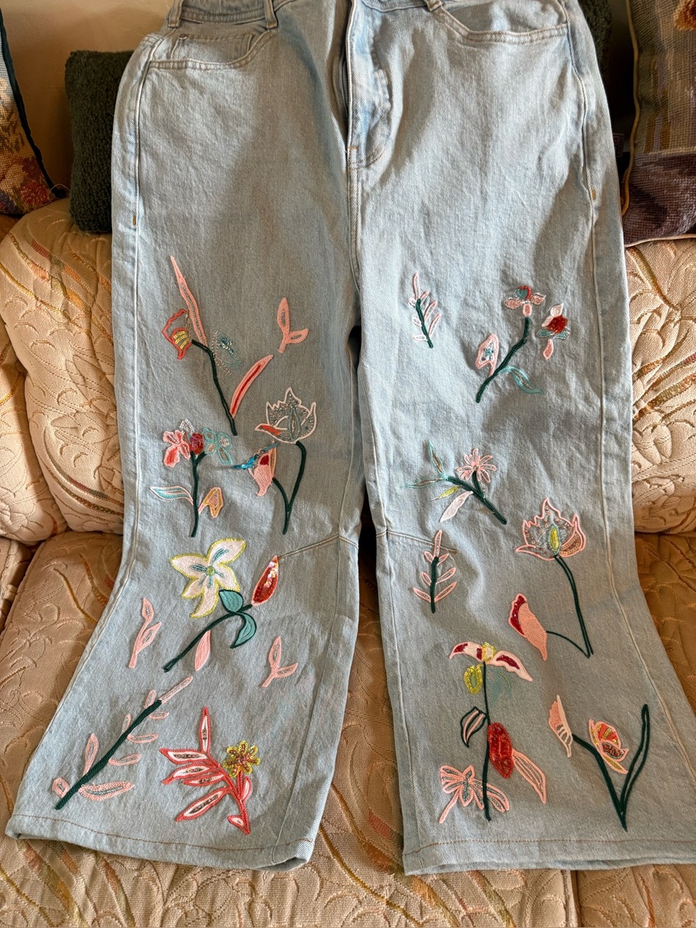 Anthropologie Pilcro Wash Embroidered Floral Wide-Leg Jeans - Light Blue